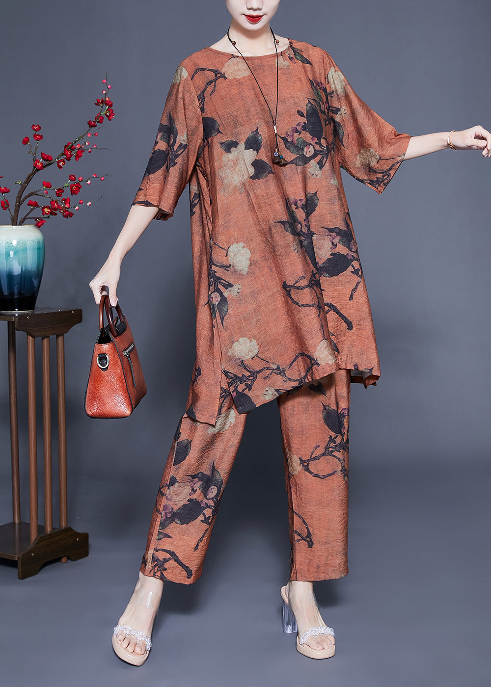 Handmade Coffee Oversized Print Linen Two Pieces Set Summer LC0431