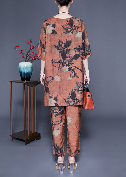 Handmade Coffee Oversized Print Linen Two Pieces Set Summer LY1087