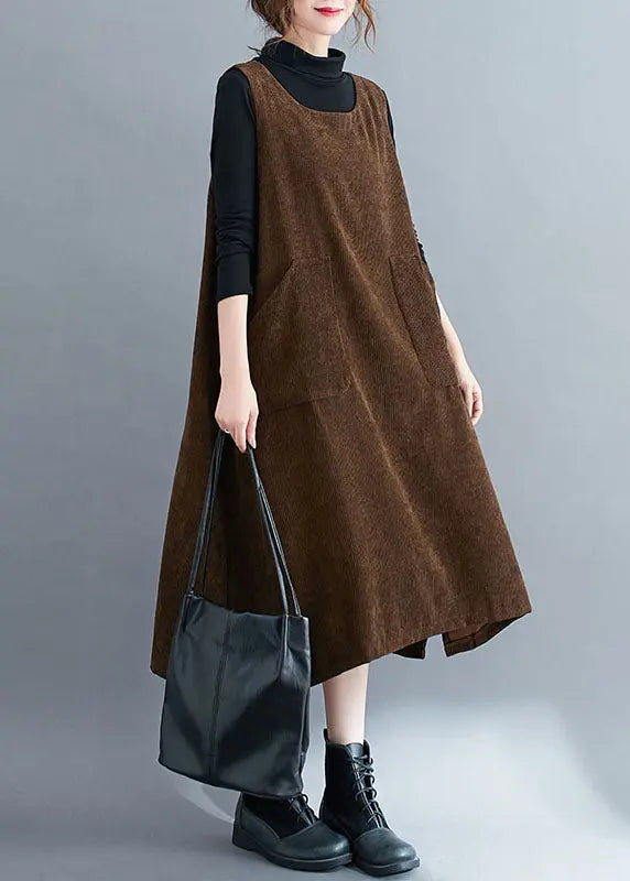 Handmade Coffee Pockets Patchwork Corduroy Sweatshirts Dress Sleeveless Ada Fashion