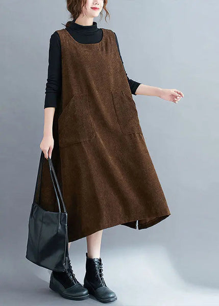 Handmade Coffee Pockets Patchwork Corduroy Sweatshirts Dress Sleeveless Ada Fashion