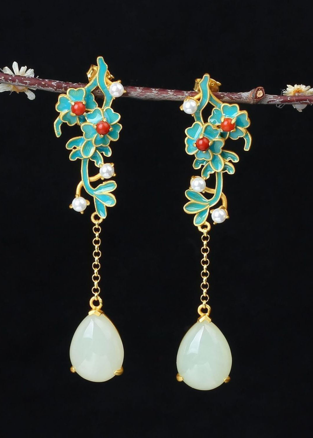 Handmade Droplet Shape Jade Tassel Drop Earrings HE1008