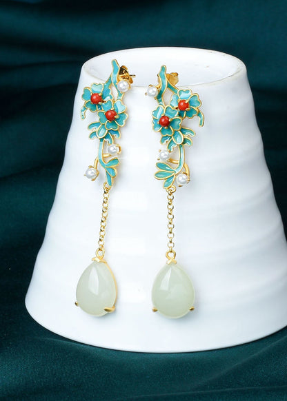 Handmade Droplet Shape Jade Tassel Drop Earrings HE1008