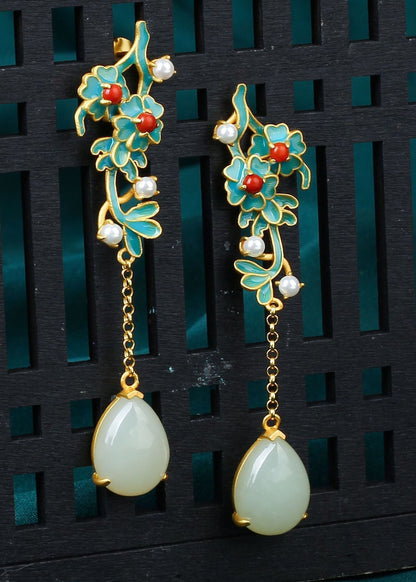 Handmade Droplet Shape Jade Tassel Drop Earrings HE1008