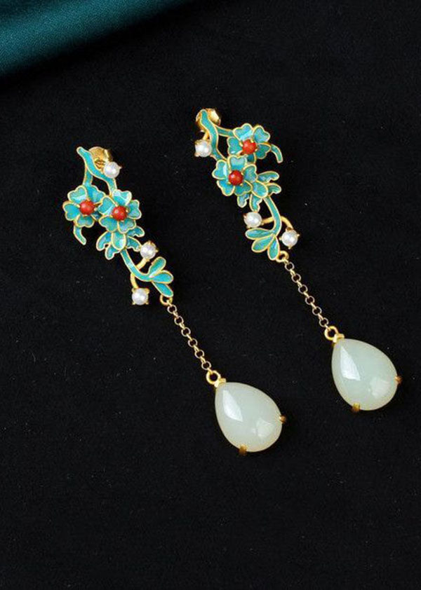 Handmade Droplet Shape Jade Tassel Drop Earrings HE1008