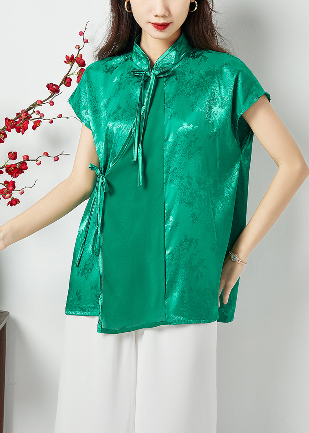 Handmade Green Asymmetrical Patchwork Jacquard Silk Oriental Tops Summer LC0398