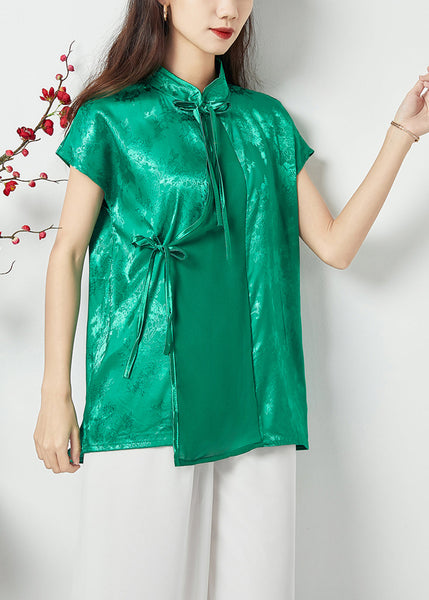 Haut oriental asymétrique en jacquard de soie vert patchwork, fait main, style oriental, été LY1128