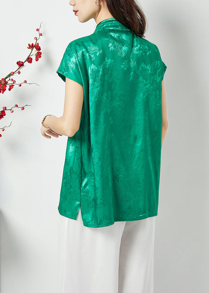 Haut oriental asymétrique en jacquard de soie vert patchwork, fait main, style oriental, été LY1128