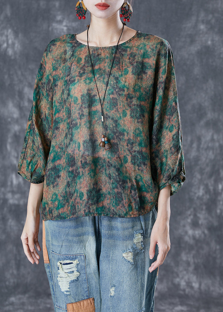 Handmade Green Oversized Tie Dye Linen Shirt Top Bracelet Sleeve TA1037