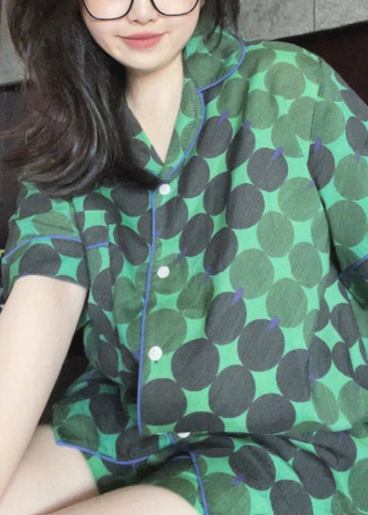 Handmade Green Peter Pan Collar Dot Print Button Ice Silk Pajamas Two Pieces Set Summer LY1876