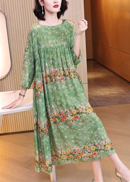 Handmade Green Print Wrinkled Patchwork Silk Long Dress Long Sleeve LY1786