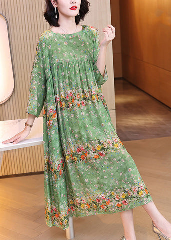 Handmade Green Print Wrinkled Patchwork Silk Long Dress Long Sleeve LY1786