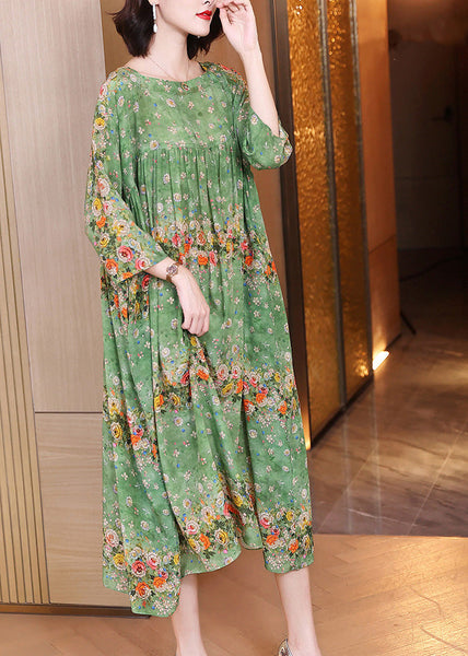 Handmade Green Print Wrinkled Patchwork Silk Long Dress Long Sleeve LY1786