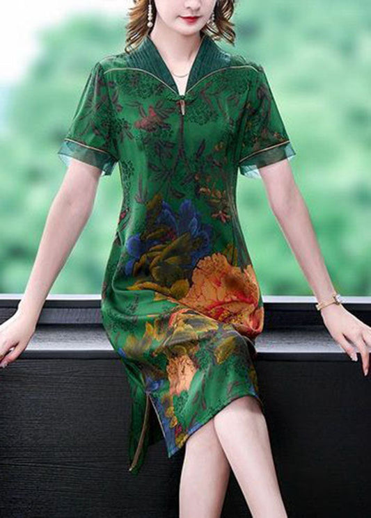 Handmade Green V Neck Print Slim Fit Silk Long Dress Summer LC0214