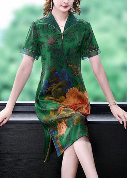 Handmade Green V Neck Print Slim Fit Silk Long Dress Summer LY1673