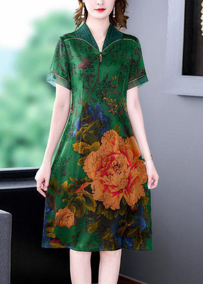 Handmade Green V Neck Print Slim Fit Silk Long Dress Summer LC0214