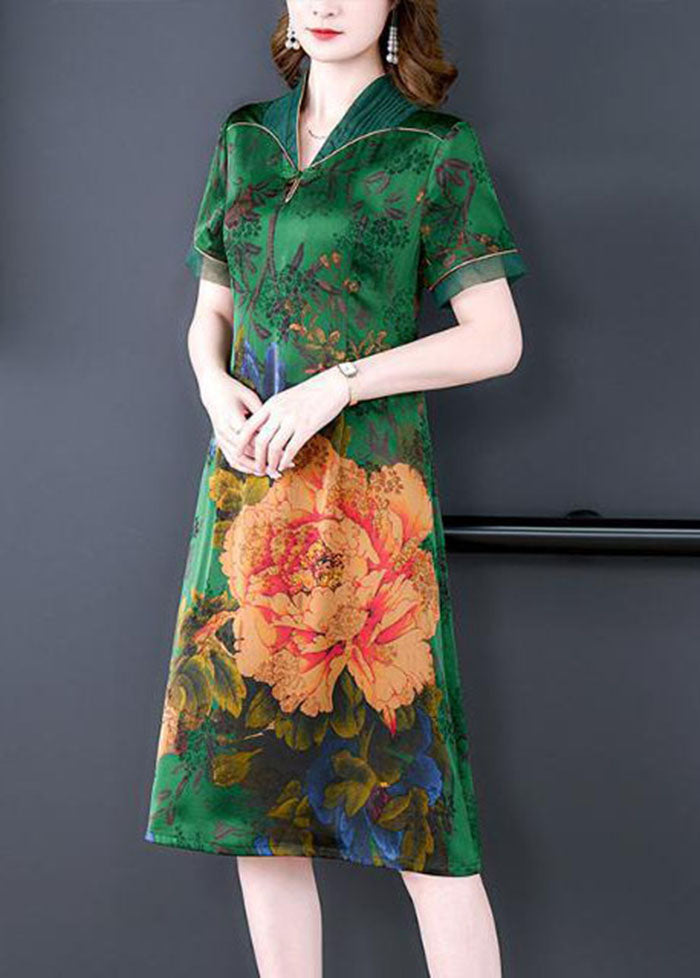 Handmade Green V Neck Print Slim Fit Silk Long Dress Summer LC0214