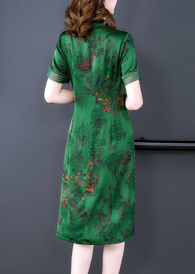 Handmade Green V Neck Print Slim Fit Silk Long Dress Summer LC0214