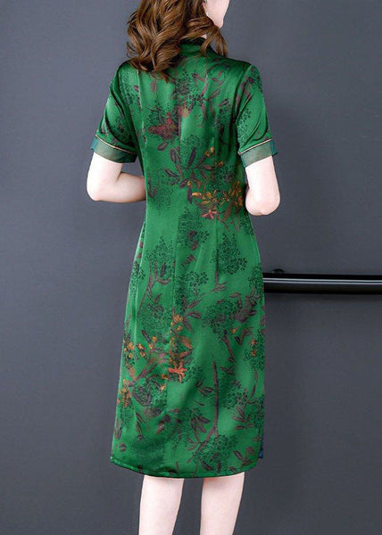 Handmade Green V Neck Print Slim Fit Silk Long Dress Summer LY1673