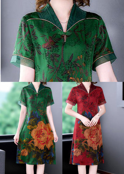 Handmade Green V Neck Print Slim Fit Silk Long Dress Summer LC0214