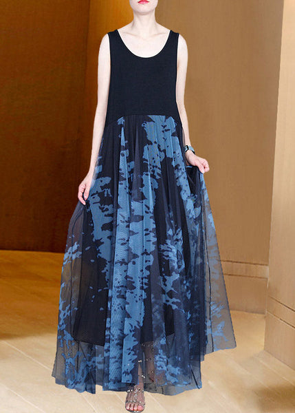 Robe longue d'été en tulle patchwork imprimé gris à col rond, confectionnée à la main (AC2042)