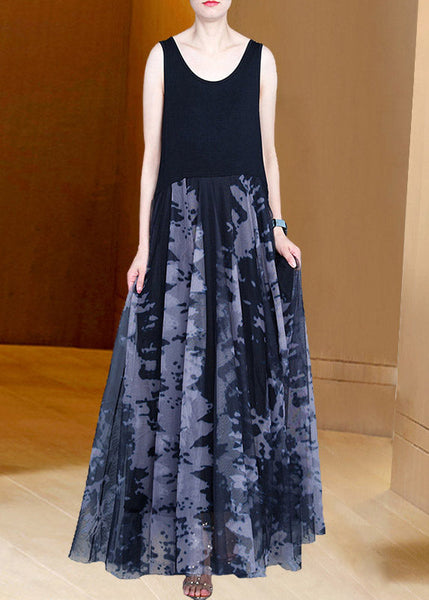 Robe longue d'été en tulle patchwork imprimé gris à col rond, confectionnée à la main (AC2042)