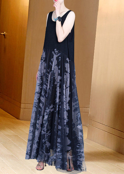 Robe longue d'été en tulle patchwork imprimé gris à col rond, confectionnée à la main (AC2042)