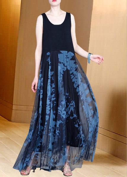 Robe longue d'été en tulle patchwork imprimé gris à col rond, confectionnée à la main (AC2042)