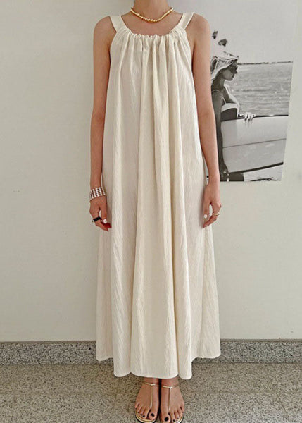 Handmade Khaki Wrinkled Patchwork Cotton Spaghetti Strap Dress Sleeveless LC0438