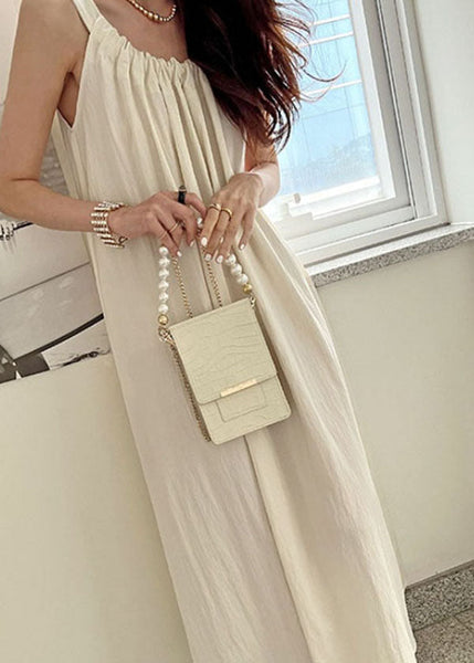 Handmade Khaki Wrinkled Patchwork Cotton Spaghetti Strap Dress Sleeveless LC0438