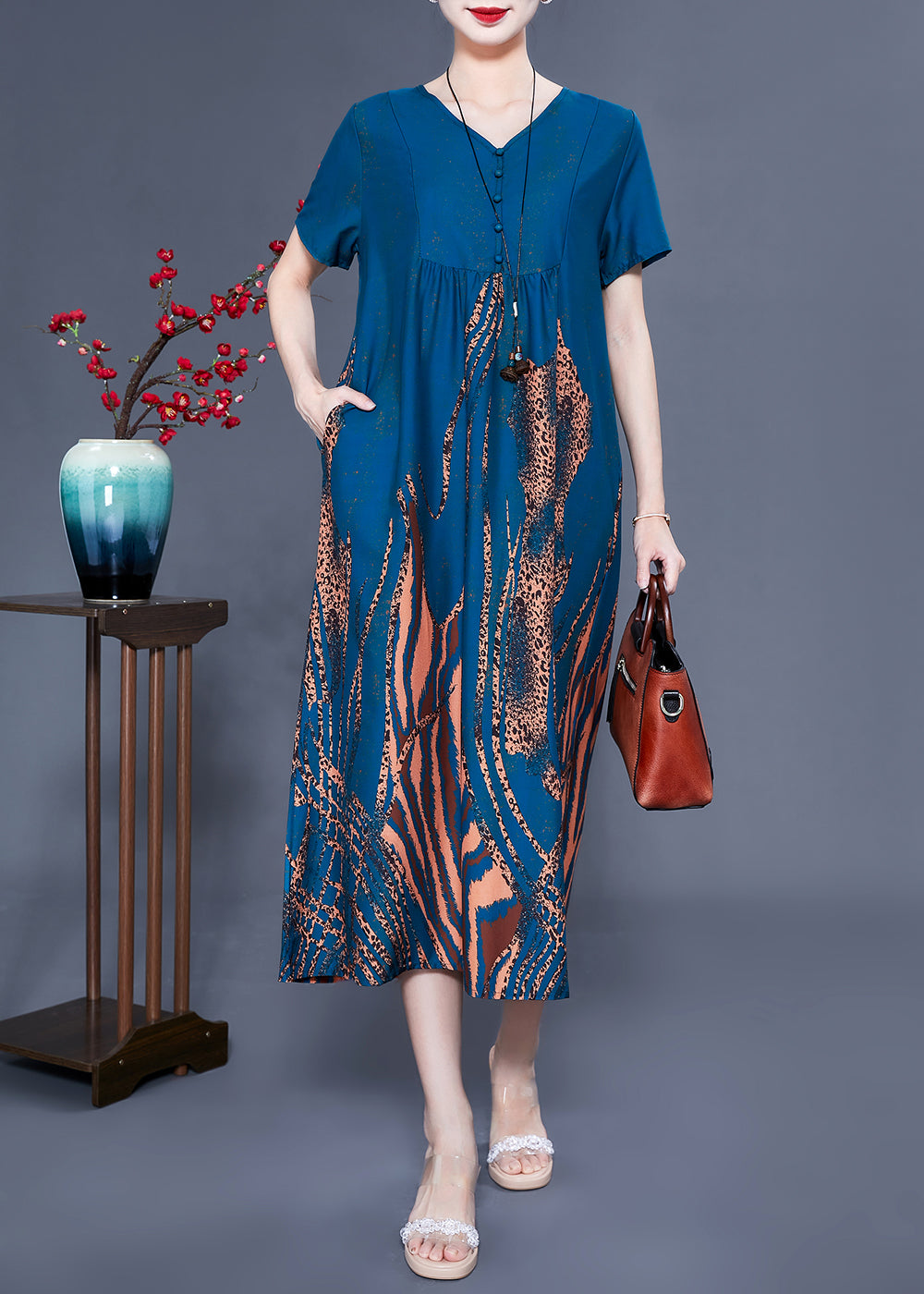 Handmade Navy V Neck Wrinkled Print Silk Vaction Dress Summer LY0928