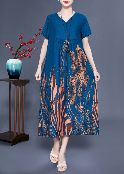 Handmade Navy V Neck Wrinkled Print Silk Vaction Dress Summer LY0928