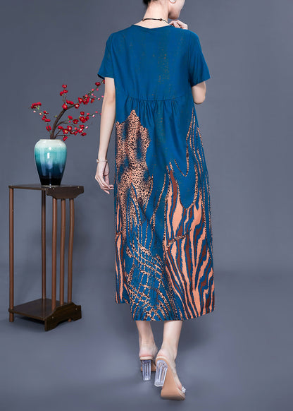 Handmade Navy V Neck Wrinkled Print Silk Vaction Dress Summer LY0928