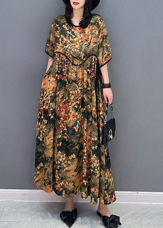 Handmade O-Neck Print Patchwork Long Dresses Short Sleeve LC0300