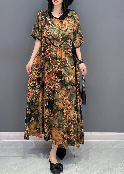 Handmade O-Neck Print Patchwork Long Dresses Short Sleeve LC0300