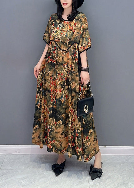 Handmade O-Neck Print Patchwork Long Dresses Short Sleeve LC0300