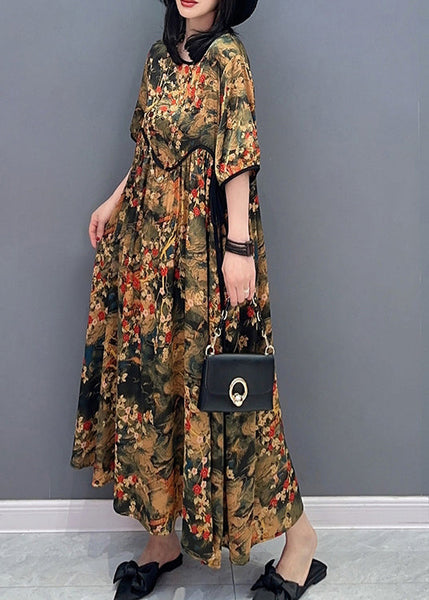 Handmade O-Neck Print Patchwork Long Dresses Short Sleeve LC0300