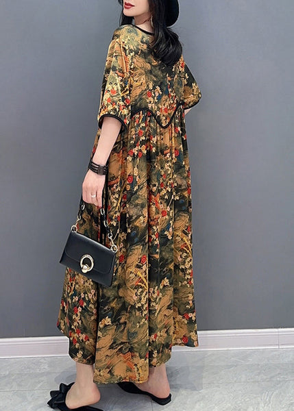 Handmade O-Neck Print Patchwork Long Dresses Short Sleeve LC0300