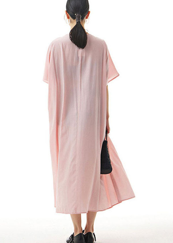 Handmade Pink V Neck Wrinkled Patchwork Cotton Dress Summer LY1158