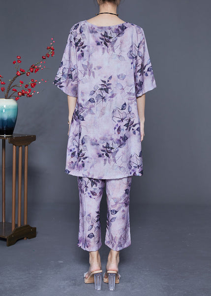 Handmade Purple O-Neck Oversized Print Linen Silk Two-Piece Set Summer LY1853