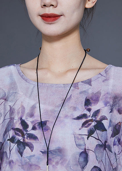 Handmade Purple O-Neck Oversized Print Linen Silk Two-Piece Set Summer LY1853