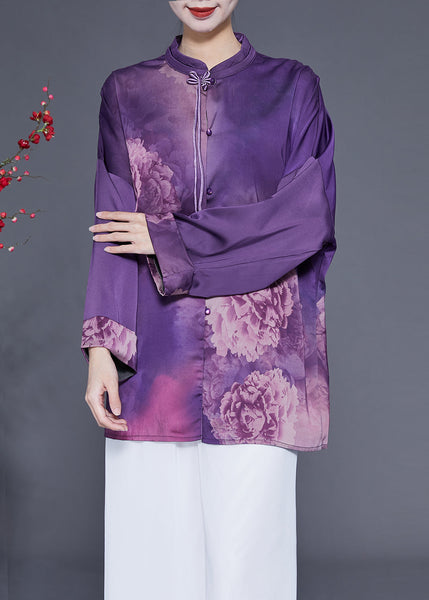 Handmade Purple Stand Collar Tassel Print Silk Shirts Spring LY1825