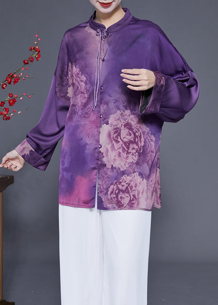 Handmade Purple Stand Collar Tassel Print Silk Shirts Spring LY1825