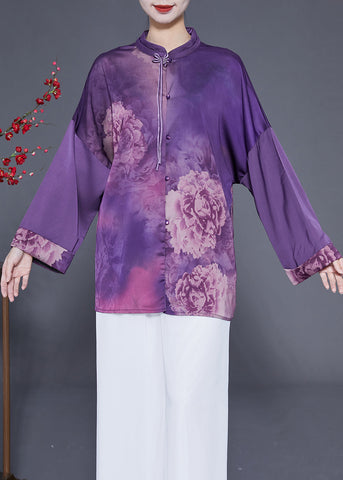 Handmade Purple Stand Collar Tassel Print Silk Shirts Spring LY1825