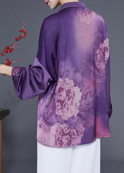 Handmade Purple Stand Collar Tassel Print Silk Shirts Spring LY1825