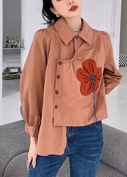 Handmade Red Brown Asymmetrical Patchwork Cotton Shirts Spring LY0766