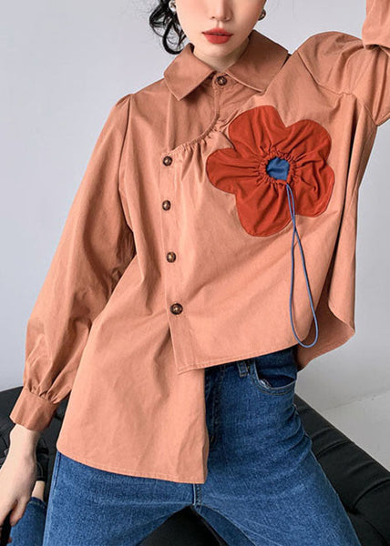 Handmade Red Brown Asymmetrical Patchwork Cotton Shirts Spring LY0766
