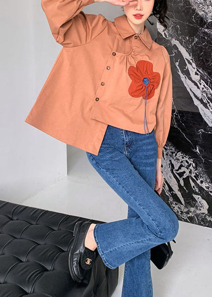 Handmade Red Brown Asymmetrical Patchwork Cotton Shirts Spring LY0766