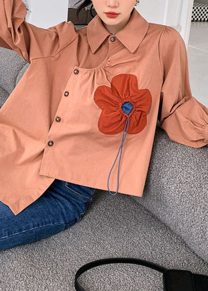 Handmade Red Brown Asymmetrical Patchwork Cotton Shirts Spring LY0766