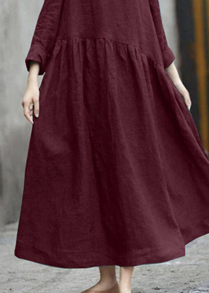 Handmade Red O Neck Wrinkled Patchwork Cotton Dress Spring LC0465