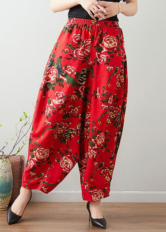 Handmade Red Print Cozy Waist Wide Pants TQ1011